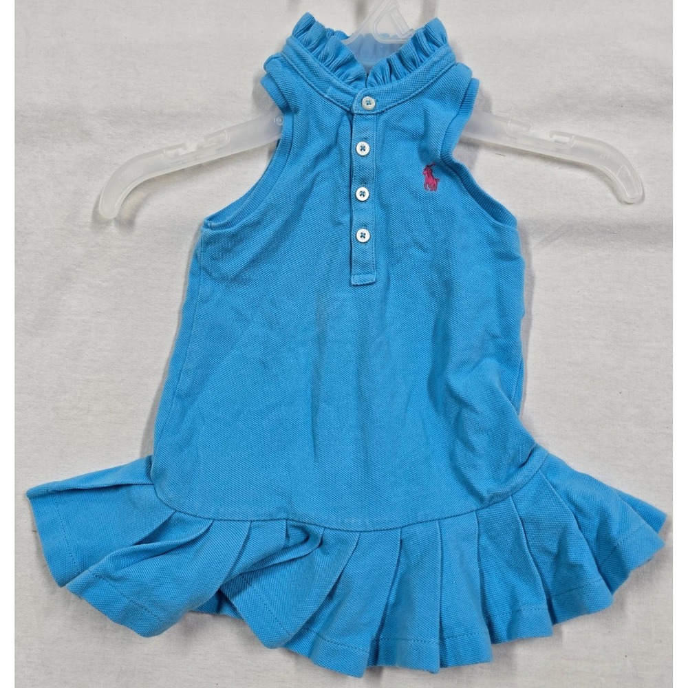 Ralph Lauren Baby Girls Blue Sleeveless Ruffle Polo Dress 12M